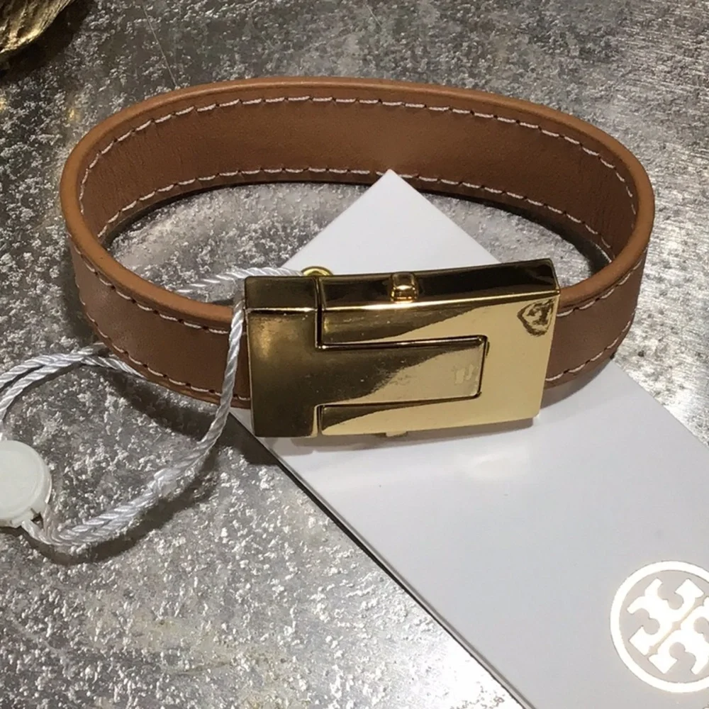 NEW Tory Burch Brown Leather Belt with Gold Buckle Bracelet